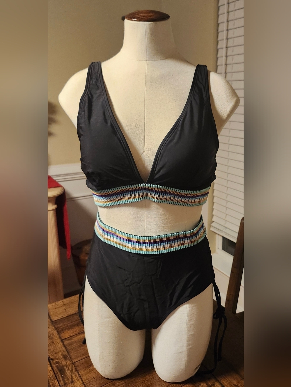 NWOT Black Two-Piece Bikini with Multicolor Smocked Band - Large